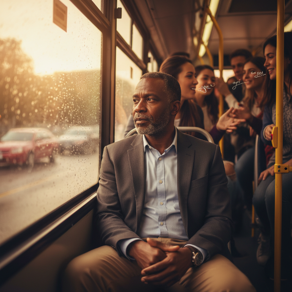 Mwalimu Jengo, mwanaume mwenye umri wa miaka 58, amekaa peke yake katika basi lililojaa watu, akiangalia nje kwa mtazamo wa mbali na kujisikia kutengwa hata akiwa miongoni mwa watu wengi.