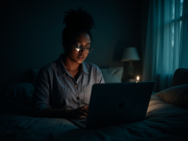 Picha inaonyesha mwanamke mchanga akiwa peke yake akitazama skrini ya kompyuta yenye chumba tupu cha mazungumzo, ikionyesha hali ya upweke na wasiwasi, lakini pia na taa ndogo ya matumaini.