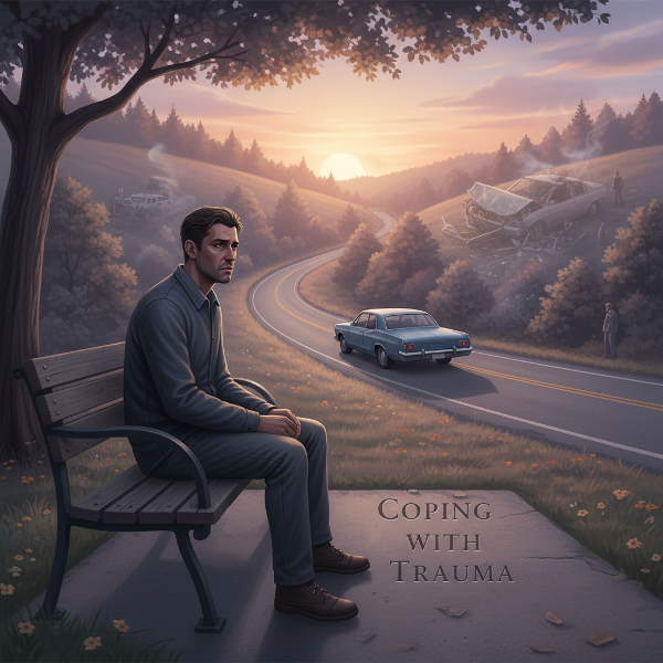 Mwanamume mwenye wasiwasi anatazama barabarani, akikumbuka tukio la ajali la zamani lililoonyeshwa kwa njia ya kivuli. Picha inaonyesha hofu na uchovu, na ina mwanga wa jioni.