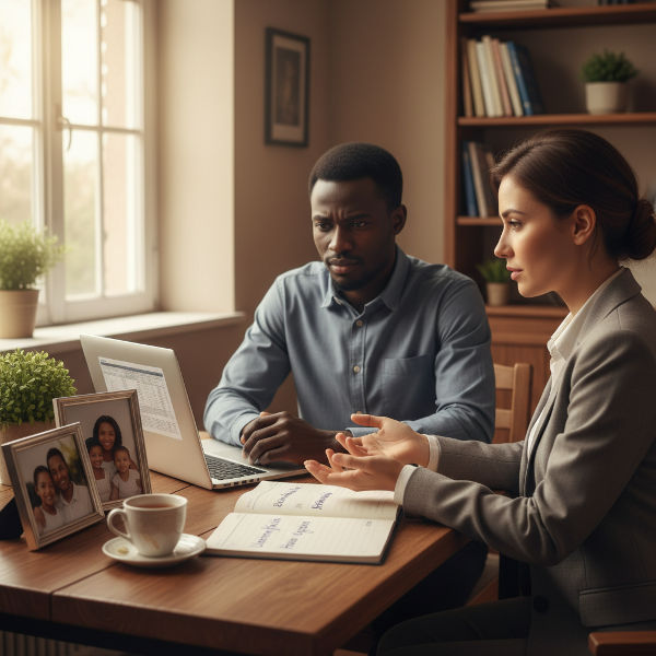 Mwanaume anazungumza na mwanasaikolojia kuhusu changamoto za hamu ya ngono, uaminifu wa kihemko, na msongo wa kazi na familia, katika ofisi ya utulivu.