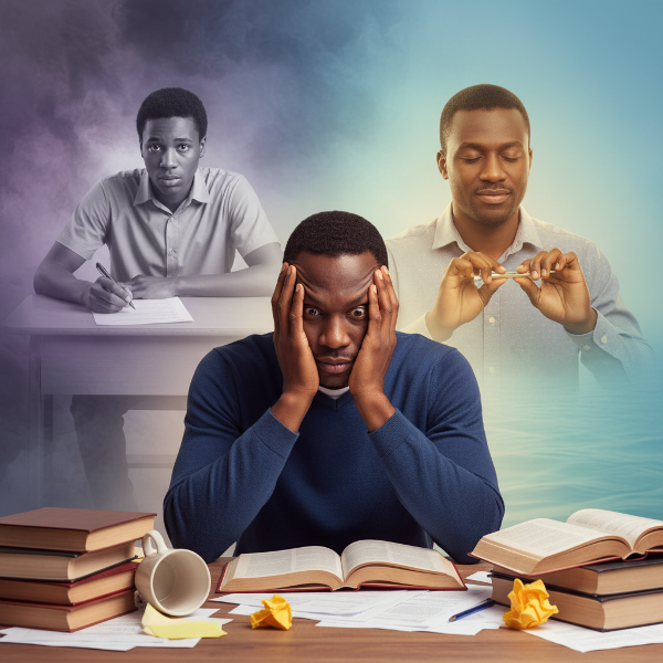 Picha inaonyesha mwanaume mwenye wasiwasi wakati wa mtihani na jinsi ya kutumia mbinu za kupumua na kujikita ili kupunguza hofu.