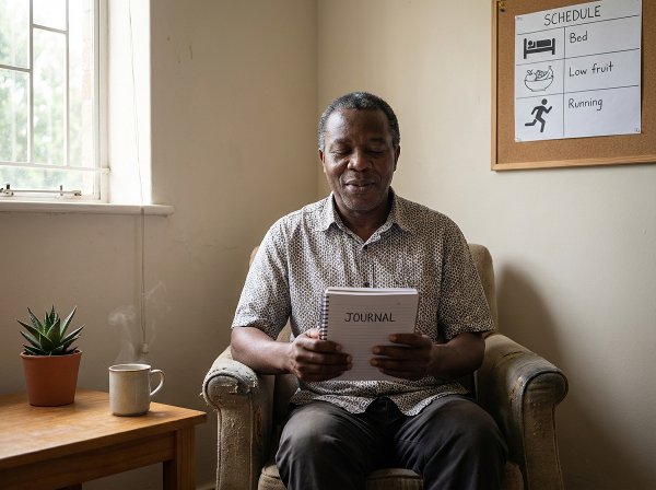 Picha inaonyesha Juma, mwanaume mwenye umri wa miaka 53, akiwa amekaa chini na anafanya mazoezi ya kupumua kwa kina katika chumba chenye utulivu. Anafuatilia hisia zake kwenye daftari, na ratiba rahisi ya afya iko nyuma. Mazingira yanaonyesha amani na nafasi ya kupumzika.