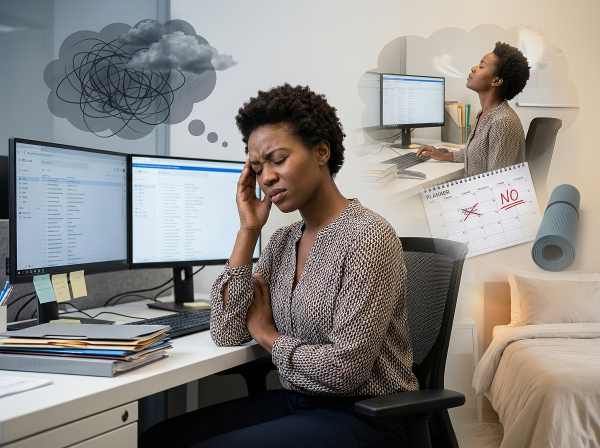 Picha inaonyesha Neema, mwanamke mwenye umri wa miaka 48, akiwa kwenye ofisi anayeshughulika na mkazo kutokana na kazi nyingi. Upande mmaje unaonyesha uchovu na fujo, na upande mwingine unaonyesha mbinu anazotumia kudhibiti mkazo kama kupumua kwa kina, kuweka mipaka, na kutayarisha mazingira ya usingizi bora.