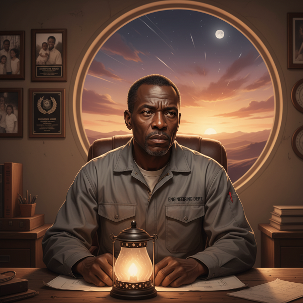 Mwanamume mhandisi mwenye umri wa miaka 53 anajikuta akifikiria kwenye ofisi yake, akiangalia mzunguko wa mchana na usiku nje ya dirisha. Tuzo na picha za familia ziko ukutani, lakini ndani yake anatafuta mwanga wa ndani unaoonyeshwa na taa ndogo yenye mng'aro mezani.