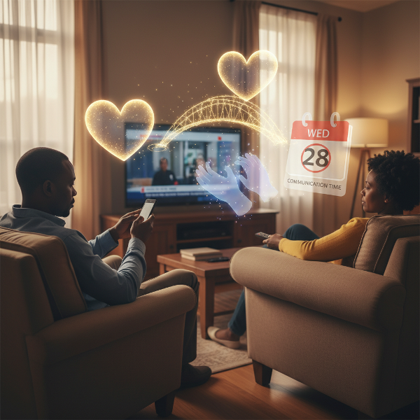 Wanandoa wazee wanaonyesha umbali kwenye sofa wakati kila mmoja anajishughulisha na kitu chake, lakini picha inaonyesha matumaini ya kuunganisha tena kupitia alama za kisaikolojia.