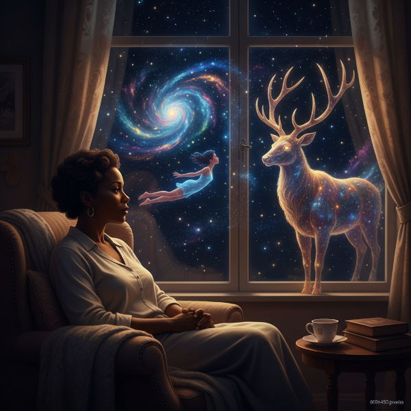 Mwanamke mwenye umri wa miaka 53 akiwa na mawazo, akiangalia dirisha lenye maonyesho ya ndoto zake za kifumbo za kuogelea kwenye nyota na kuongea na wanyama, ikionyesha mgogoro kati ya maisha yake ya nje na hamu za ndani.