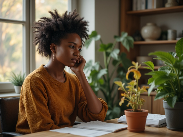 Picha inaonyesha mwanamke mwenye huzuni akiketi karibu na dirisha lenye mwangaza wa asubuhi, akiwa na mmea unaonyauka kwenye meza, ikionyesha uchovu na ulegevu, lakini pia mwanzo wa tumaini na ukombozi kutokana na ushauri wa kujisamehe na kuanza hatua ndogo.
