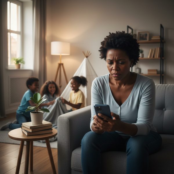 Mwanamke mwenye umri wa miaka 52 anatazama simu yake ya rununu kwa hali ya wasiwasi wakati watoto wake wawili wanacheza nyuma yake, ikionyesha mgawanyiko kati ya ulimwengu wa kidijitali na uhusiano halisi wa familia.