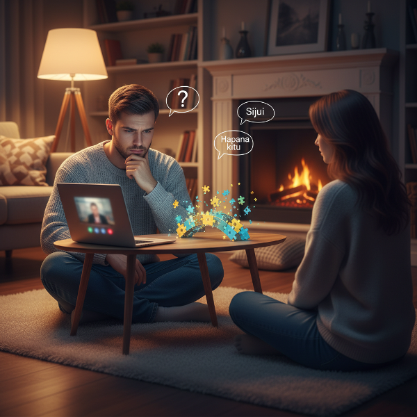 Picha inaonyesha mwanaume akiwa na mawazo, akiangalia kompyuta yake, wakati mpenzi wake anaonekana kama kivuli mbali. Kuna ishara za maneno yasiyo wazi na daraja linalojengwa kati yao kuashiria jitihada za kurejesha uhusiano.