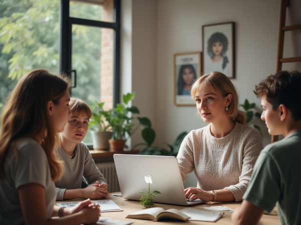 Picha inaonyesha mwanasaikolojia mwanamke mwenye huruma akiwa na vijana wadogo kwenye mkutano wa ushauri mkondoni, ikionyesha mchakato wa kujenga kujithamini na kujiamini kupitia mazungumzo, malengo madogo, na mazingira chanya.