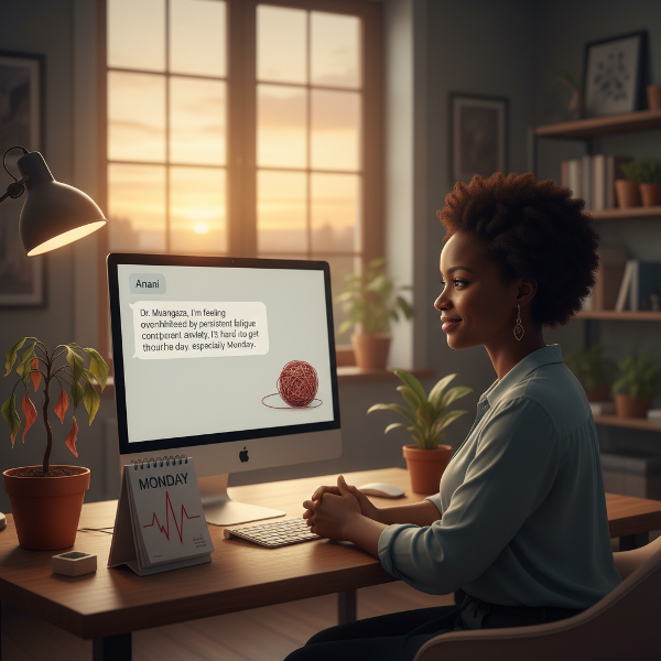 Picha inaonyesha mwanasaikolojia Mwangaza akiwa katika ofisi yake ya msaada mkondoni, akimsikiliza mteja wake Amani kupitia skrini. Picha ina vitu vya mfano vinavyoashiria uchovu, wasiwasi, na tumaini.