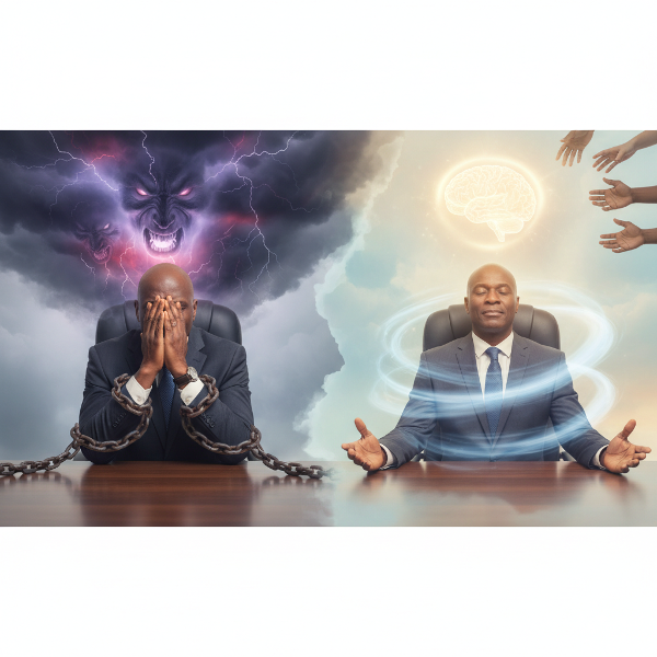 Picha inaonyesha mwanamume mwenye umri wa kati akiwa kwenye ofisi, akionesha uchovu na hasira. Upande mmale unaonyesha giza la mawazo, na upande mwingine unaonyesha nuru ya utulivu na mbinu za kisaikolojia kama kupumua kwa kina na msaada, ikionyesha njia ya kupona.