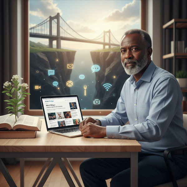 Picha inaonyesha Mwalimu Juma akiwa kwenye dawati na kompyuta kibao, akiangalia wavuti yake ya ushauri wa saikolojia. Taswira zinaonyesha daraja linajengwa, alama za mawasiliano, na mmea unakua kutoka kwenye kitabu, zikiashiria kushinda hofu na ukuaji.