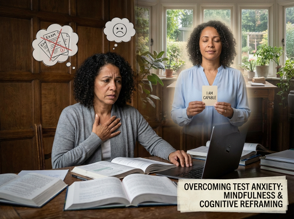 Picha inaonyesha mwanamke mwenye wasiwasi wa mitihani akiwa kwenye mazingira yenye msongo na toleo la utulivu linaloonyesha mbinu za kisaikolojia za kupunguza hofu.