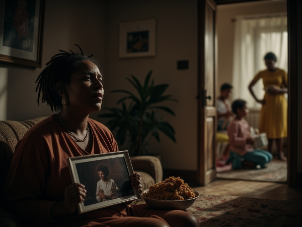 Picha inaonyesha mwanamke mwenye umri wa miaka 59 akiwa amekaa peke yake kwenye chumba chenye mwangaza mdogo, akionesha uchovu na kutojali. Anashika picha ya mtoto lakini macho yake yameelekea utupu, chakula kibacho kando yake hakikishiki. Kupitia mlango, familia yake inaonekana wakicheza kwa furaha, ikionyesha upeo wa kutengwa. Picha inaonyesha mgawanyiko kati ya hali yake ya unyogovu baada ya kujifungua na maisha ya kawaida ya familia, kulingana na swali na jibu lililotolewa.