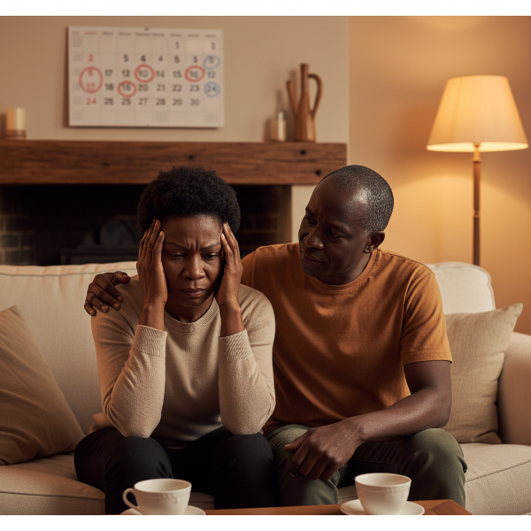 Picha inaonyesha Zawadi, mwanamke mwenye umri wa miaka 57, akiwa na mpenzi wake katika sehemu ya starehe ya nyumbani. Anaonekana na wasiwasi na maumivu yanayohusiana na misukumo ya kabla ya hedhi, huku mpenzi wake akiwa karibu na kumtazama kwa huruma. Picha inaonyesha mvutano na matumaini katika uhusiano wao.