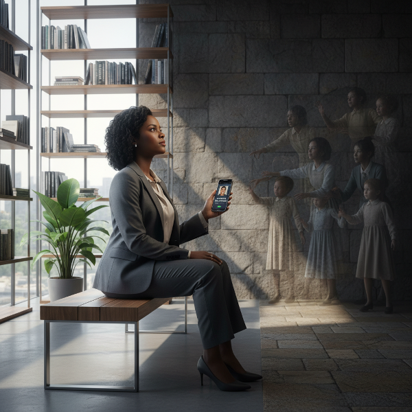 Mwanamke mwenye umri wa miaka 49 anayekaa kwenye nafasi ya mpito kati ya mwanga na uvuli, akishika simu na kuona maumbo ya watu wa zamani, ikionyesha kutengwa kwa kisaikolojia na ukuzi wa kibinafsi.