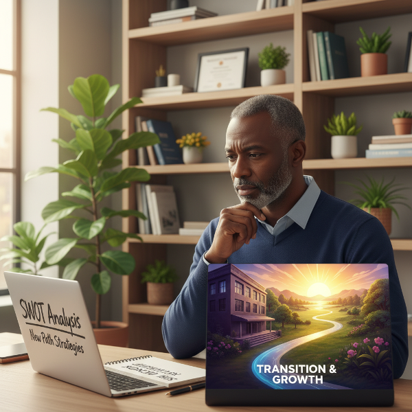 Mwanasaikolojia mwanaume akiangalia kompyuta ambayo inaonyesha njia ya mwanga kutoka kazini yenye msongo kwenda kwenye maisha mapya yenye fursa na mwangaza, akiwa na daftari la kupanga.