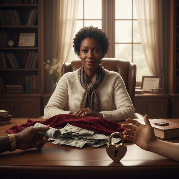 Picha inaonyesha mtaalamu wa saikolojia akiwa katika ofisi yenye utulivu, akizungumza na mteja. Kwenye dawati kuna pesa nyingi zilizofichwa chini ya kitambaa, kuashiria usiri na hisia za kufungwa katika uhusiano. Picha inaonyesha mzigo wa kisaikolojia na ugumu wa mawasiliano.