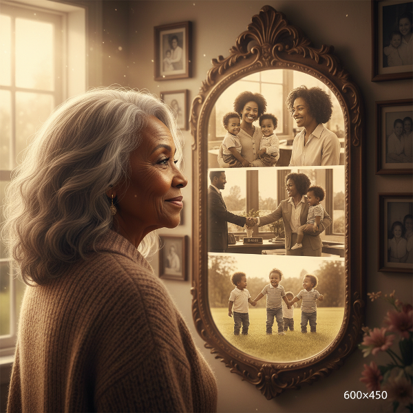 Mwanamke mzee akiangalia kioo kinachoonyesha maisha yake yaliyopita ya ulezi, kazi, na familia, katika chumba chenye nuru nyororo na picha za familia ukuta.