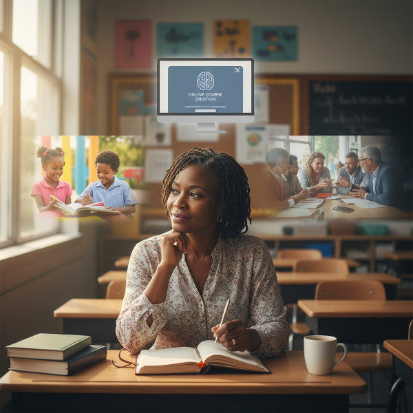 Mwanamke mwalimu mwenye umri wa miaka 53 akikaa darasani akiwa na mawazo, akiangalia daftari lililofunguliwa. Picha inaonyesha mwanga wa tumaini na picha nyuma zinaonyesha njia mpya anazoweza kuchagua.