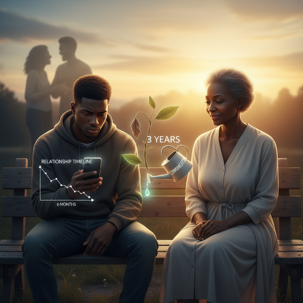 Picha inaonyesha mwanamume mchanga akiwa na wasiwasi akiketi kwenye benchi wakati wa machweo, akiangalia simu yake inayoonyesha uhusiano unaodhoofika. Karibu naye kuna mwanasaikolojia mwenye hekima anayemwangazia. Kati yao kuna mmea unaonyesha uhusiano wa miaka mitatu unaodhoofika lakini unaonyesha matumaini ya kurejeshwa kupitia mazungumzo na jitihada.