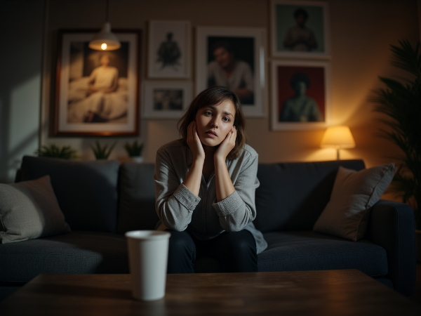 Mwanamke mwenye huzuni akikaa kwenye kitanda akiwa na mawazo juu ya uhusiano wake uliokaribia miaka mitano, ukionyesha umbali na matumaini ya kurejesha upendo.