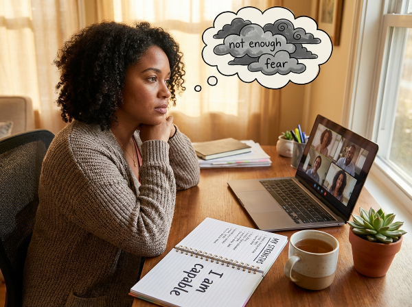 Picha inaonyesha Zuri, mwanamke mwenye umri wa miaka 38, akiwa kwenye ofisi ya nyumbani akifikiria kuhusu changamoto zake za kujithamini kazini, huku akionyesha hatua za kuchukua ili kujenga ujiamini.