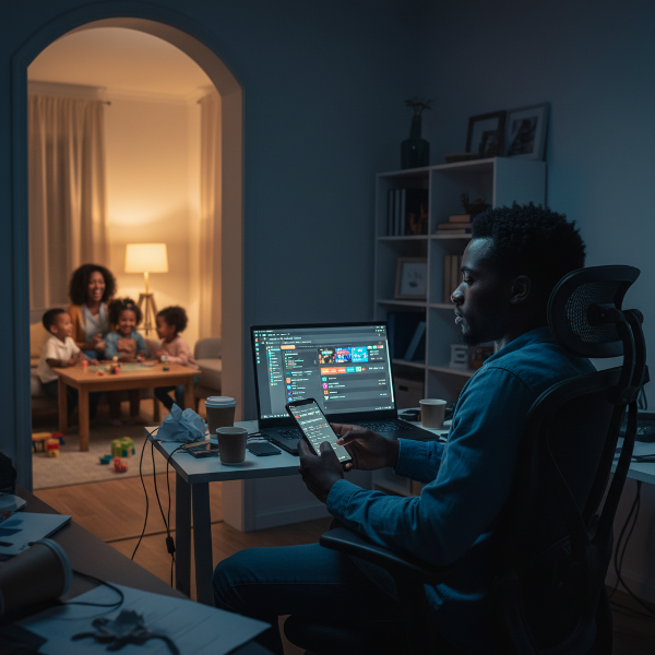 Mwanamume mwenye uchovu anajikuta peke yake usiku kwenye ofisi ya nyumbani, akilenga skrini za vifaa vya kidijitali vilivyojaa michezo ya kubahatisha na mitandao ya kijamii, huku akiwa amejitenga na familia yake inayocheza na kuwa na furaha katika chumba kingine.