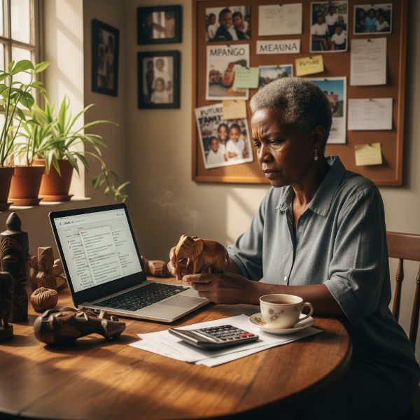 Mwanamke mstaafu anazungumza na mwanasaikolojia kuhusu wasiwasi wake wa kifedha, akiwa kwenye meza yenye vitu vilivyochongwa na nyaraka za benki, akionyesha hofu lakini pia nia ya kupanga upya.