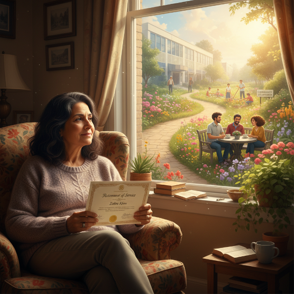 Picha inaonyesha mwanamke mstaafu akiwa na wasiwasi, kisha inaonyesha njia ya mpito inayoongoza kwenye shughuli mpya zenye maana kama kusoma, kujitolea, na kuwa na marafiki.