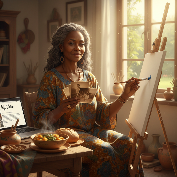 Mwanamke mwenye umri wa miaka 58 akiwa kwenye chumba chenye mwangaza, akishika picha za zamani na kuangalia ubao tupu wa kuchorea, ikionyesha safari yake ya kujikuta na kujenga uaminifu wa ndani.