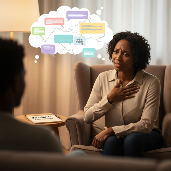 Picha inaonyesha mwanamke mwenye wasiwasi akitafuta nguvu ya kuzungumza na mpenzi wake kuhusu tabia zake zinazomuumiza, wakati anajitayarisha kwa mazungumzo ya kuweka mipaka kwa kutumia mbinu salama.