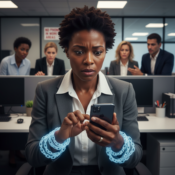 Mwanamke mwenye wasiwasi akishika simu yake kwa mshikamano usio wa kawaida, akiwa peke yake na familia yake mbali nyuma, ikionyesha uraibu wa simu na athari zake kwa uhusiano na afya yake ya akili.