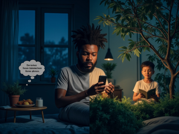 Picha inaonyesha kijana mwanaume akiwa na simu yake, akionesha wasiwasi na uhusiano mgumu na kifaa chake, na upande mwingine akiwa huru na akisoma kitabu nje.