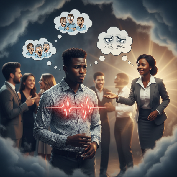 Picha inaonyesha mwanaume mwenye wasiwasi wa kijamii anayehisi kutengwa katika hafla, akiwa na dalili za mwili kama kutokwa na jasho na moyo kupiga kwa kasi, huku akionekana mwangaza wa msaada wa kisaikolojia ukimwangazia.