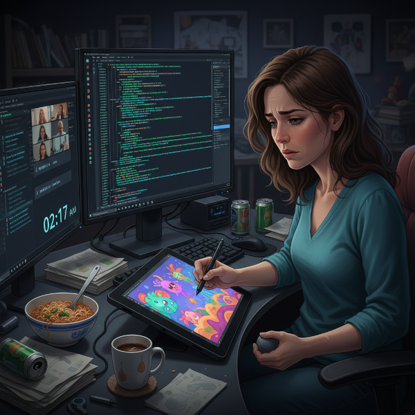 Mhandisi wa programu mwanamke akiwa amechoka anaelekeza umakini wake kwenye kuchora picha za kisanii kwenye kompyuta badala ya kazi yake, ikionyesha mgogoro kati ya kukimbia uchovu na kutekeleza majukumu.