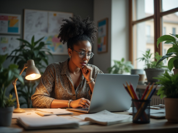 Picha inaonyesha Neema, mwanamke mwenye umri wa miaka 54, akiwa kwenye ofisi akionesha uchovu na mkazo, lakini pia akijaribu mbinu za kupumua kwa kina na kuwa na mazingira safi. Vifaa vya sanaa vipo karibu, vikiashiria njia mbadala ya kutuliza.