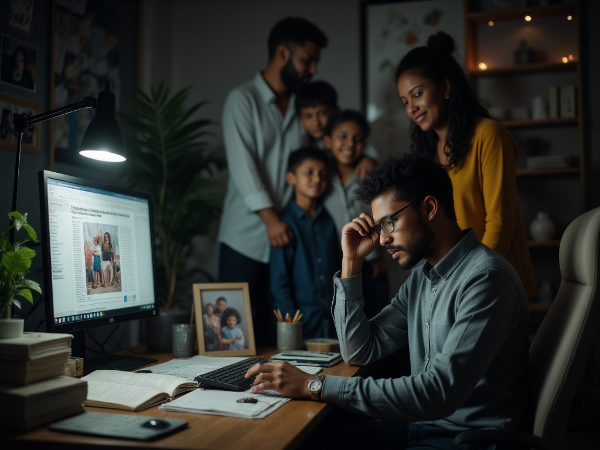 Picha inaonyesha mwandishi wa habari mwenye uchovu na msongo wa mawazo usiku kazini, pamoja na taswira ya familia yake na ushauri wa kitaaluma, ikionyesha njia ya kutafuta usawa na amani.