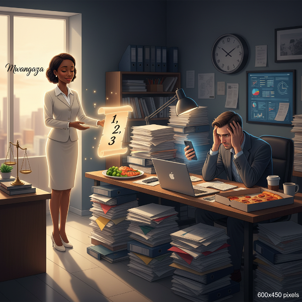 Picha inaonyesha mwanaume mwenye msongo wa mawazo kazini usiku, akipokea mwongozo kutoka kwa mwanasaikolojia. Inaonesha mgogoro wa kazi nyingi, ukamilifu, na kula kupita kiasi, na namna ya kupata usawa na mipango.