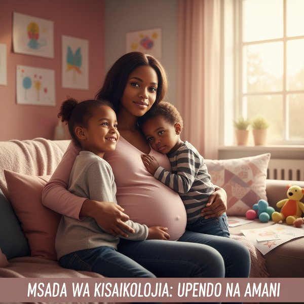 Mwanamke mwenye nguvu na amani akimsaidia mama, watoto na mfano wa upendo na matumaini ya uponyaji.