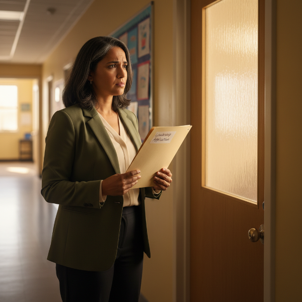 Mwalimu Zahra anasimama kwenye ukumbi wa shule akiangalia mlango wa ofisi ya mkuu wa shule, akifikiria kuhusu hofu yake ya kuchukua nafasi ya uongozi licha ya uzoefu wake mrefu.