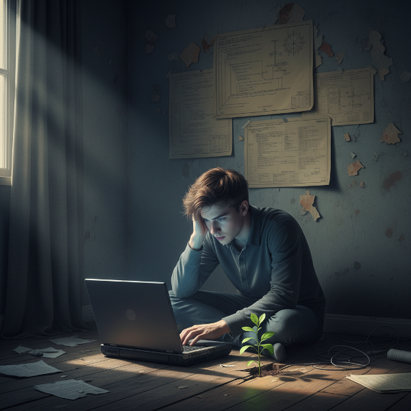 Kijana mwenye miaka 18 amekaa chumbani mwake mwenye giza kidogo, akiangalia kompyuta ambayo inaonekana kuwa mzigo. Mtazamo wake unaonyesha uchovu na mkanganyiko. Nyuma yake kuna ramani za zamani za uhandisi wa programu. Mwanga mmoja kutoka dirishani unaangazia mmea mdogo unaokua kutoka ufa sakafuni, ukionyesha matumaini na mwelekeo mpya.