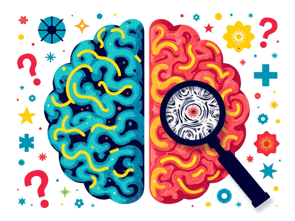 Picha ya ubongo unaoonyesha njia za neva zenye rangi anuwai. Upande mmaji una muundo wa kimantiki wa rangi ya bluu na kijani, na upande mwingine una misukosuko ya kihemko ya rangi nyekundu na ya machungwa. Kuna alama za maswali na mishale inayoonyesha uchambuzi na kutafakari, pamoja na kioo cha kukuza kinachozingatia upendeleo wa kifikra.