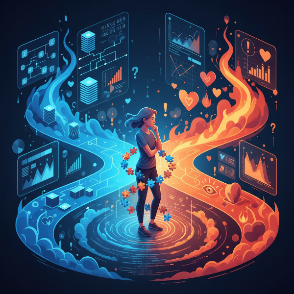 Picha ya kisasa inayoonyesha mtu akiwa katika njia panda, akiwakilishwa na njia mbili tofauti za kufikiri: mantiki (ya bluu) na hisia (ya rangi joto). Muundo wa DNA unaoundwa na alama za maamuzi unamzunguka, ukionyesha uchunguzi wa 'DNA ya maamuzi' yake.