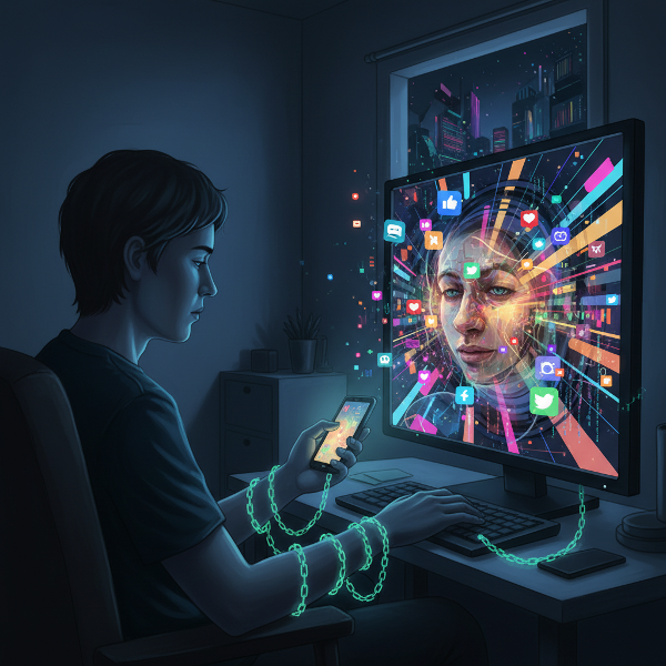 Picha ya mtu anayetumia teknolojia, akionekana kufungwa na mfumo wa dijiti. Onyesho la skrini linaonyesha utambulisho tofauti, na mnyororo wa msimbo wa binary unaonesha utegemezi. Picha inaonyesha tofauti kati ya ulimwengu wa rangi wa mtandaoni na ukweli wa kimwili.