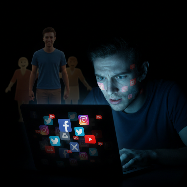 Picha inaonyesha mtu katika giza, akitazama skrini ya kompyuta kibao yenye mwanga wa bluu. Uso wake unaonyesha wasiwasi na utata. Taswira ya mtandao inaonekana kwenye skrini, ikionyesha utegemezi na hofu ya kupoteza (FOMO). Kivuli cha mtu huyo huyo, la furaha zaidi, kinaonekana nyuma, kikionyesha tofauti kati ya maisha halisi na ya mtandaoni.