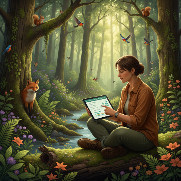 Mtu anayefanya jaribio la kiikolojia kwenye kifaa cha kidijitali akiwa katikati ya msitu wa kijani kibichi, akionyesha uhusiano kati ya teknolojia na asili.