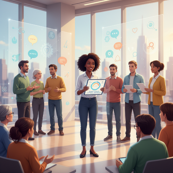 Picha ya watu wanaoshirikiana katika mazingira ya kisasa, wakiwa katika mazungumzo yenye uelewa na hisia, ikionyesha dhana ya akili ya kimihimili (EQ) katika mawasiliano na ujenzi wa mahusiano.