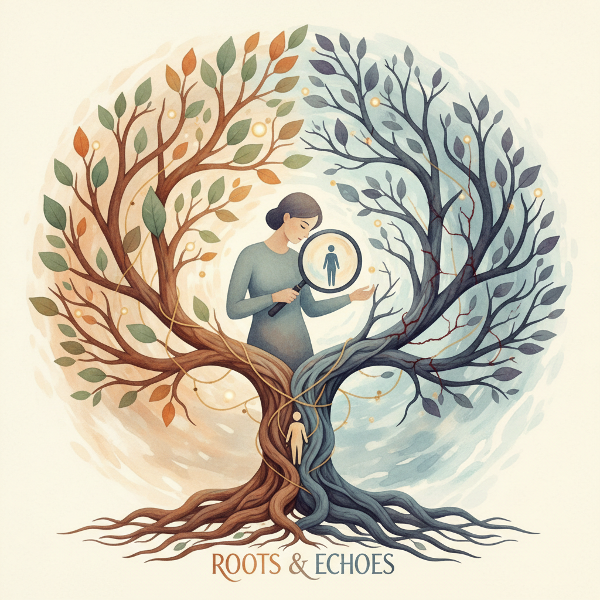 Picha ya mti wa familia yenye mizizi na matawi yanayochanganyika, inayoonyesha mifumo ya kizazi kwa kizazi na ushawishi wa historia ya familia kwenye utu wa mtu.